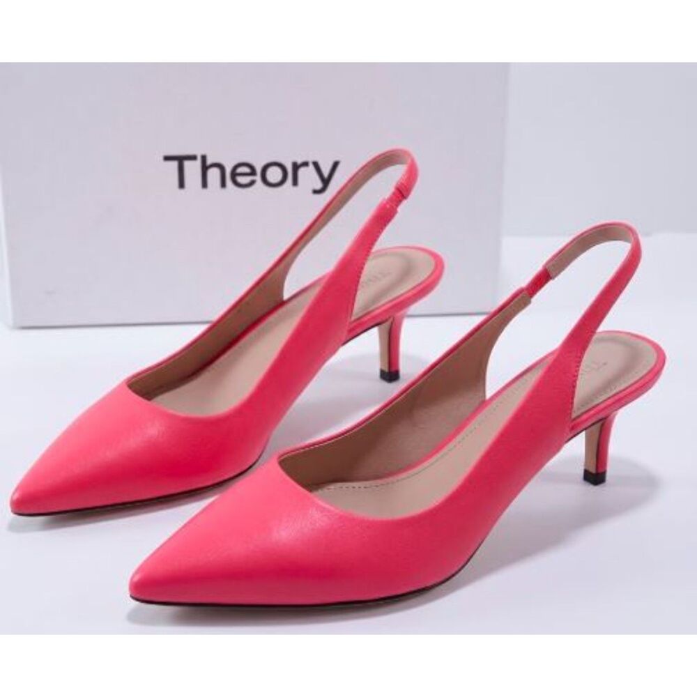Theory Women's Pink Leather Pointed Toe Slingback Kitten Heel Pumps 37 NIB 398